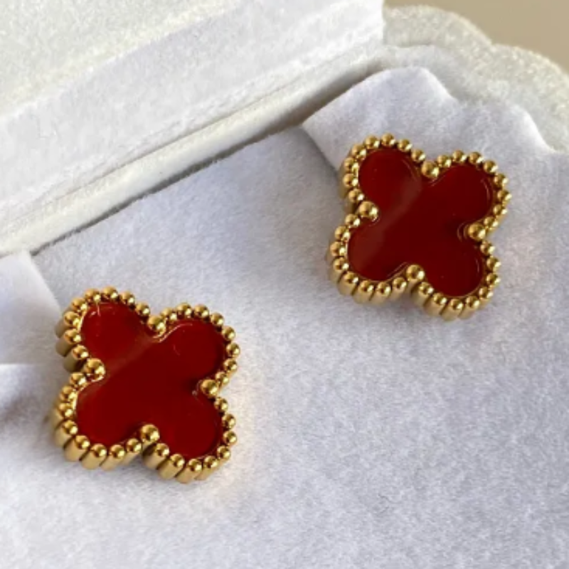 Clover Red Gold Studs